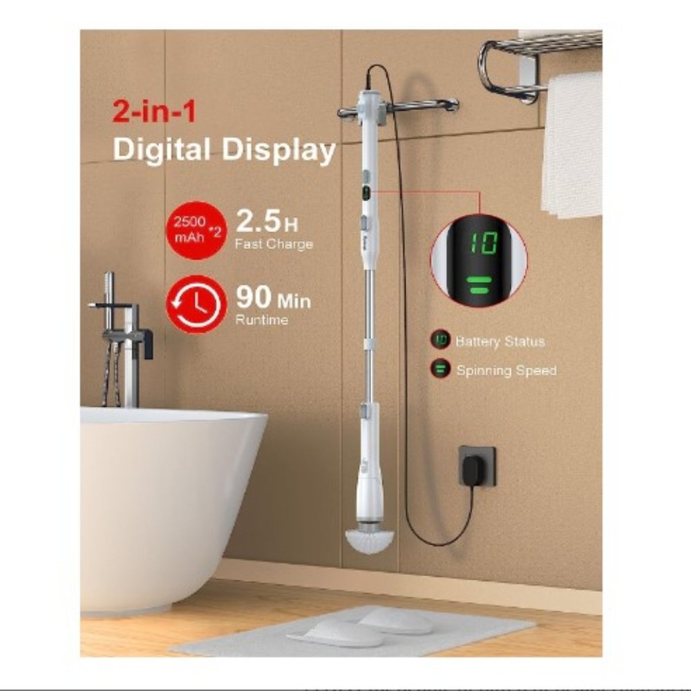 Cordless Electric Spin Scrubber/ Digital Display/ 2 Speeds/ Extension Arm - Picture 2 of 8